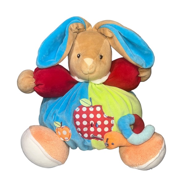 Kaloo Bunny Rabbit Apple Worm Blue Green Orange Velour Round Rattle Big Feet - Picture 1 of 10